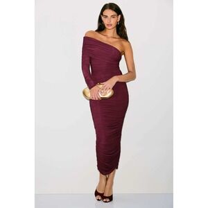 RONNY KOBO One Shoulder Ruched Midi Dress Burgundy Size M